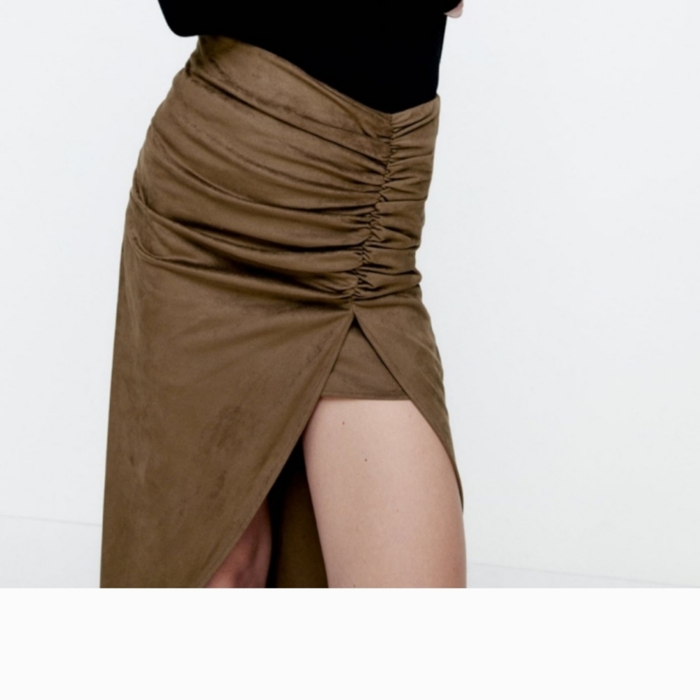 Zara high waisted faux suede ruched midi skirt size M